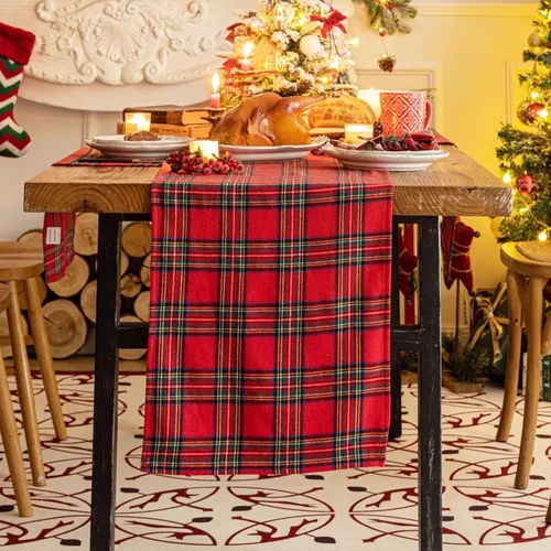 Vista 12 de Camino de mesa de Navidad a cuadros beige, caminos de mesa de vacaciones de invierno de 72 pulgadas de largo, decoraciones de Navidad para Cuadros