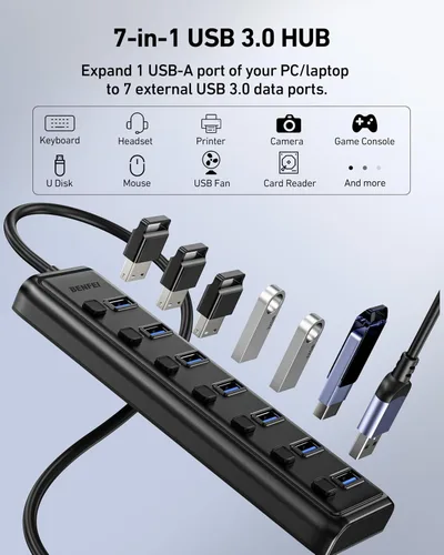 Vista 3 de BENFEI Hub USB 3.0 de 7 puertos, divisor USB portátil ultrafino con cable de 3.3 pies, compatible con MacBook Pro/Air, Mac Pro, Mac Mini, iMac