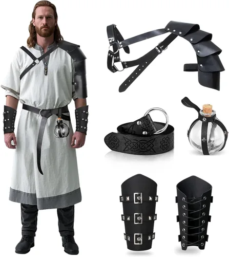 Vista 3 de Juego de 4 accesorios renacentistas medievales con cinturón vikingo, brazaletes de cuero, armadura de hombro, botella mágica, disfraces medievales