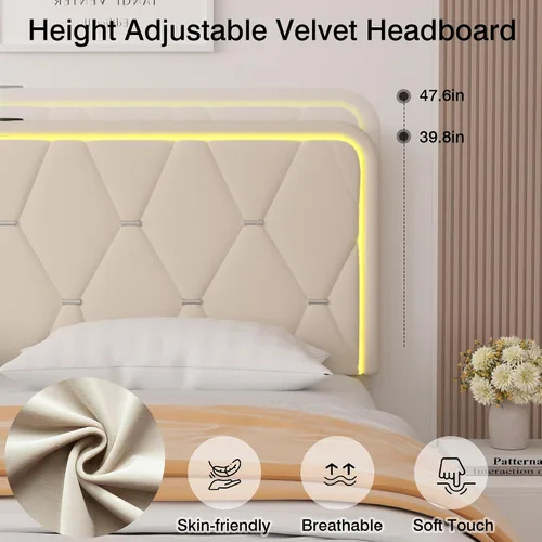 Vista 6 de VECELO Base de cama individual tapizada con cabecera ajustable, plataforma de terciopelo con luces LED, estación de carga, base de colchón