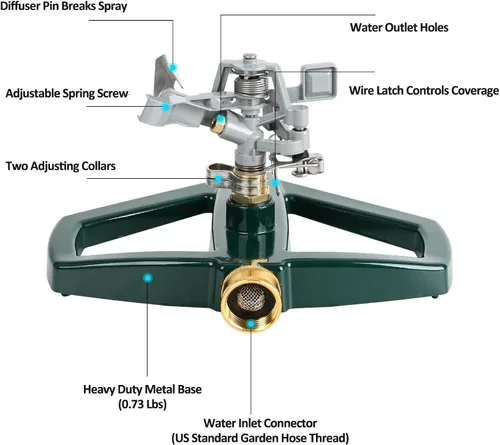 Vista 5 de STYDDI Aspersor Pulsante de Impacto para Trabajo Pesado para Patio, Aspersor de Césped de Impulso Circular Giratorio Ajustable de Metal Completo