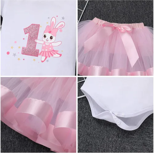 Vista 6 de IBTOM CASTLE Kids Bunny 1st Birthday Cake Smash Outfit for Baby Girl Princess Romper & Tutu Skirt & Headband 3PCS Photo Prop