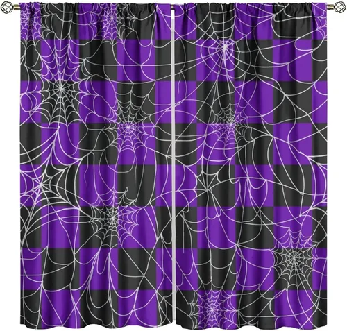 Vista 42 de Cortinas opacas de tela de araña aterradora para niños, tela de araña en blanco y negro, fondo rojo, dormitorio de niños, guardería, decoración