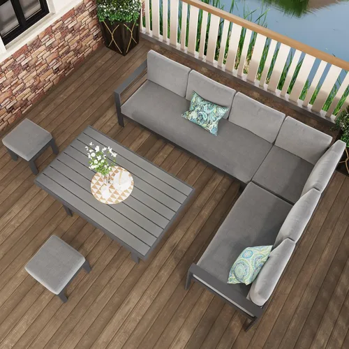 Vista 5 de Solaste Juego de 2 otomanas de patio al aire libre, taburetes de aluminio para exteriores con cojines, muebles de asiento pequeños para balcón