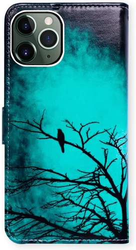 Vista 7 de Bcov Funda para iPhone 11 Pro Max, diseño de pájaro negro y verde con tapa de cuero con ranura para tarjeta de crédito, soporte para tarjeta