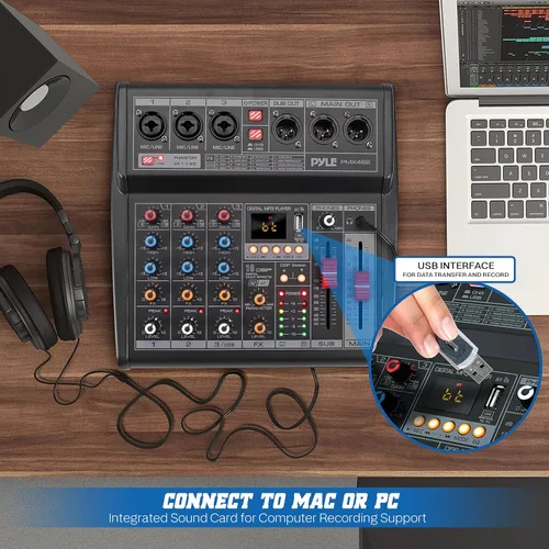 Vista 5 de Pyle Mezclador profesional de audio DJ - Controlador de 3 canales con 16 efectos DSP preestablecidos - Interfaz USB - 3 entradas de micrófono/línea