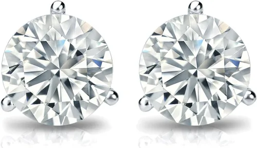 Vista 2 de Diamond Wish - Aretes redondos de oro blanco de 14 quilates con circonita cúbica simulada (14-2 quilates, excelente calidad) de 3 puntas, cierre a