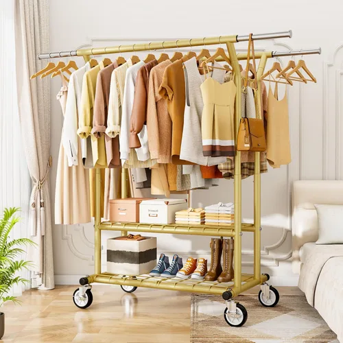 Vista 7 de HYSEYY Perchero de ropa resistente, estantes de ropa rodantes con estantes de carga de 620 libras, percheros de ropa de doble barra para colgar