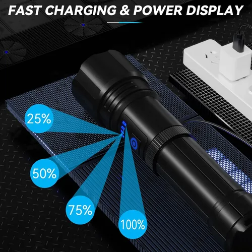 Vista 3 de Linternas recargables de alto lúmenes, 99,000 LM linterna LED brillante alimentada, linternas recargables USB y luces flash de mano impermeables