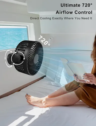 Vista 5 de Ventilador magnético aprobado para cruceros, ventilador de viaje con batería de 12000 mAh con 5 velocidades, linterna LED, temporizador, se pega