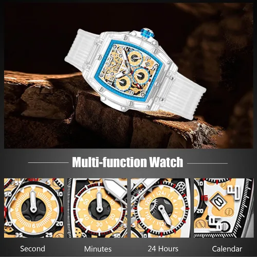 Vista 3 de RORIOS Reloj analógico de cuarzo para hombre, reloj de pulsera Tonneau transparente, multifuncional, a la moda, impermeable, cronógrafo, correa