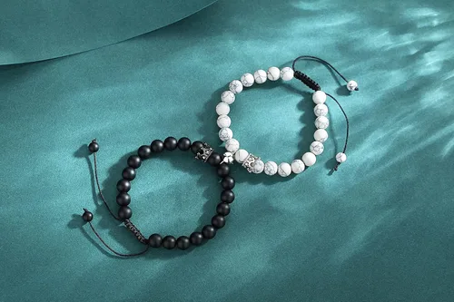 Vista 5 de QINJIEJIE Pulseras geniales para parejas, obsidiana mate y turquesa blanca, pulseras para parejas, pulseras a juego con piedra esmerilada