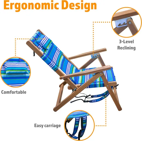 Vista 8 de Melino Silla plegable de madera para exteriores, 3 posiciones, reclinable, con almohada, bolsa con cremallera, correa de transporte, marco de madera