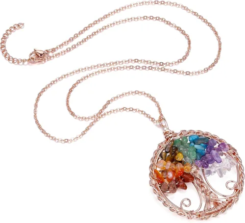 Vista 5 de Top Plaza Collar de cristal curativo de 7 chakras, árbol de la vida, envuelto en alambre, collar con colgante de piedra reiki, joyería de cuarzo