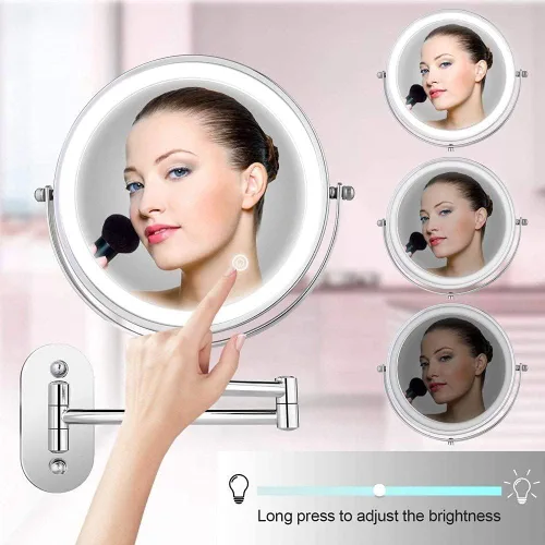Vista 3 de Espejo de maquillaje con iluminación LED, funciona con pilas, aumento de 1x/10x, 8 pulgadas, luz ajustable con botón táctil, cromo pulido