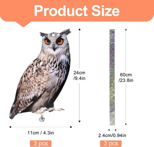 Vista 2 de Búho para mantener alejados a los pájaros, paquete de 3 búhos espantapájaros búho falso, decoración colgante reflectante para ahuyentar pájaros