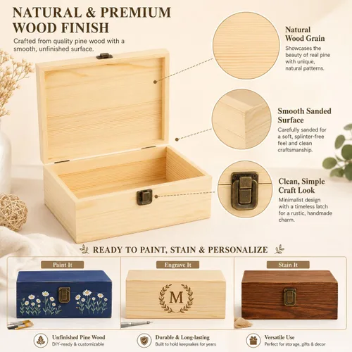 Vista 3 de Caja de madera de 2 piezas con tapa con bisagras, juego de caja de madera grande, baúl de manualidades sin terminar para pintura de bricolaje