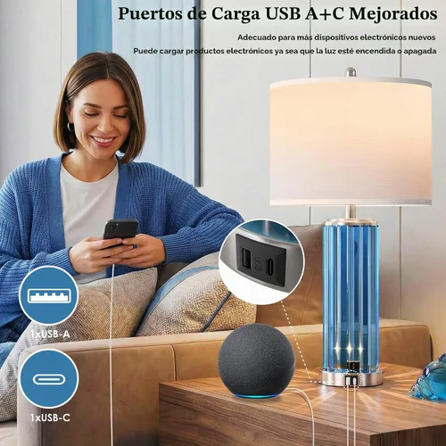 Vista 5 de Juego de 2 lámparas de mesa azules para dormitorio con luz nocturna, lámpara de noche moderna
