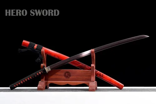 Vista 3 de Espada samurái hecha a mano, espada katana de espiga completa, acero de Damasco forjado a mano, arma japonesa real afilada de 41 pulgadas, rojo