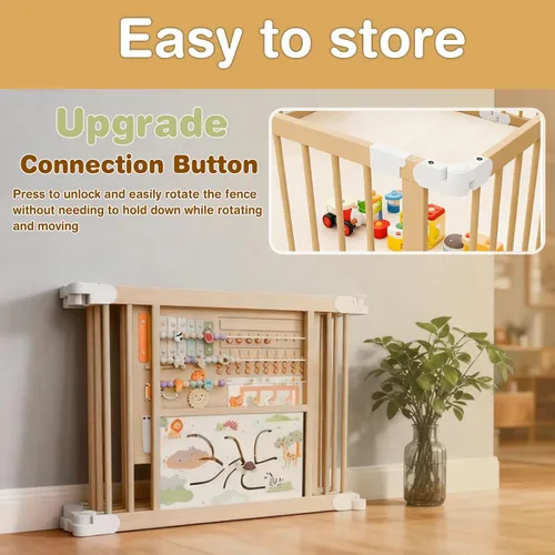 Vista 7 de Foldable Wooden Playpen, Natural Wood Baby Playpen with Adjustable Size and Shape, Portable Includes 2 Game Boards, 10+ Toy Set, Suitable for Indoor
