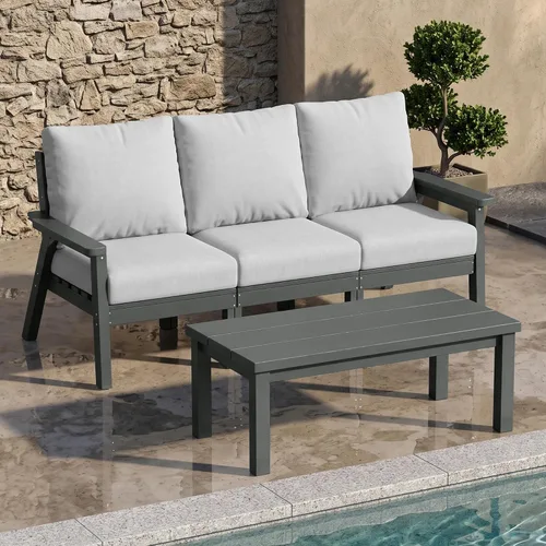 Vista 43 de PLUUV Juego de muebles de patio al aire libre HDPE, 7 piezas, marco negro Marco negro/cojín gris