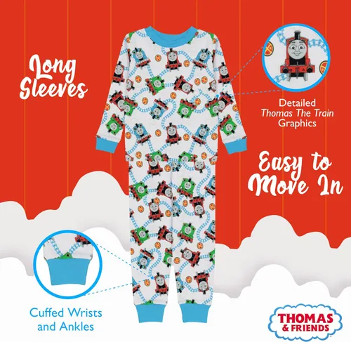 Vista 5 de Thomas the Train Conjunto de pijama de algodón ajustado de 4 piezas para niños, tren rápido, talla 4T, Tren Rápido