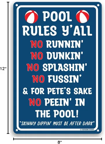 Vista 6 de Pool Rules Y'all Letrero de aluminio para piscina de 12 x 8 pulgadas, decoración de piscina al aire libre estilo sureño