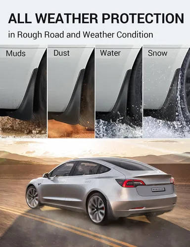 Vista 4 de BASENOR 2017-2023 Tesla Model 3 solapas de barro protectores contra salpicaduras guardabarros (diseño patentado) sin perforación sin cinta