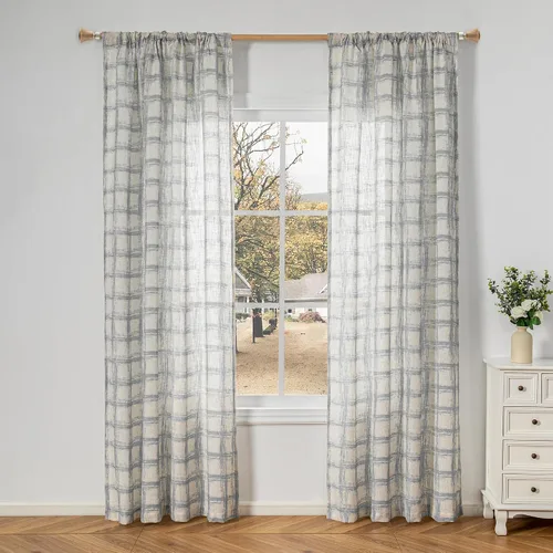 Vista 18 de MYSKY HOME Cortinas de lino transparentes de 45 pulgadas de largo para dormitorio, cocina, paneles de cortina florales, cortinas semicirverticales