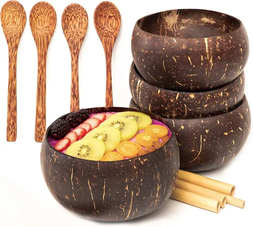 Vista 10 de Rainforest Bowls Juego de 4 pequeños cuencos originales de coco, 4 cucharas de madera y 4 popotes de bambú reutilizables, 100% naturales, tallados a
