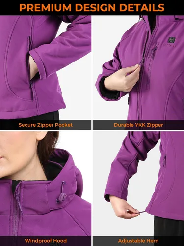 Vista 5 de Ororo - Chaqueta para mujer, calefaccionada y ajustada con capucha desmontable y batería