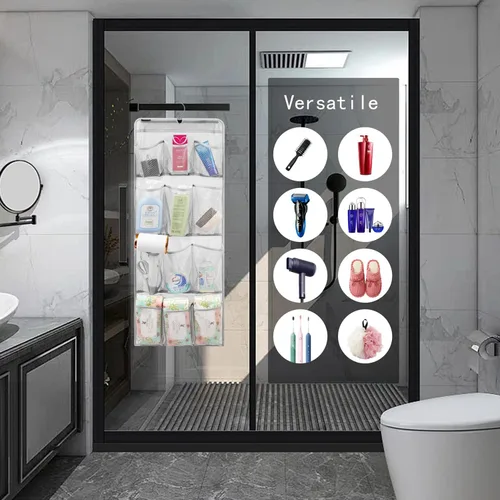 Vista 2 de Organizador de ducha de malla con soporte colgante, de secado rápido, para almacenamiento en el baño, con accesorios de tocador y gancho giratorio