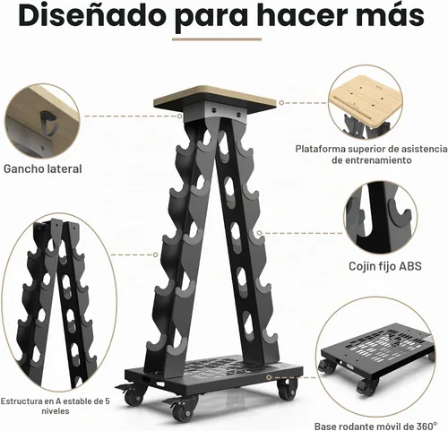 Vista 3 de Estante vertical para mancuernas, estante de peso de 5 niveles, ruedas, capacidad de 300 libras