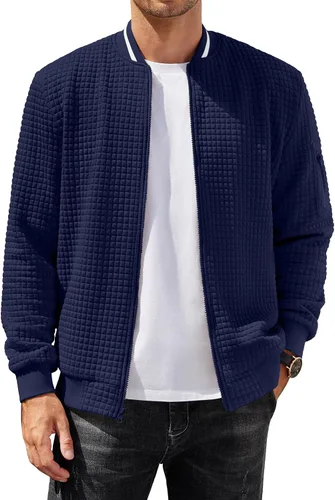 Vista 12 de COOFANDY - Chaqueta de suéter con cremallera para hombre, sudadera acanalada, bomber ligera, casual
