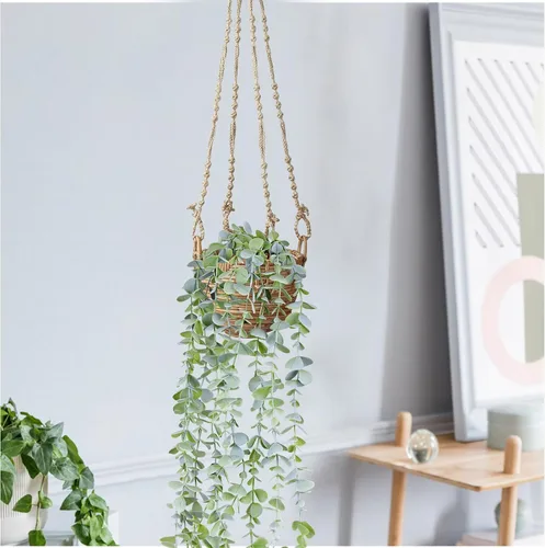 Vista 5 de Plantas colgantes falsas de eucalipto en maceta, pequeñas enredaderas de hiedra sintética, decoración para estante flotante, cocina, baño, armarios