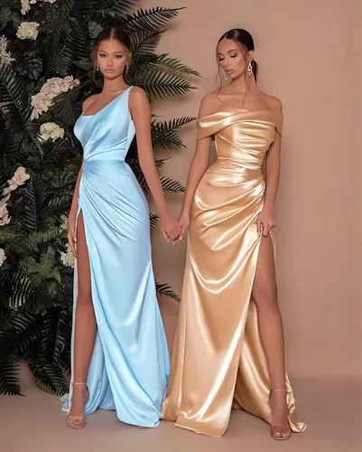 Vista 5 de Vestidos de fiesta de satén de un hombro para mujer, vestidos largos plisados para dama de honor con abertura, vestidos de noche formales