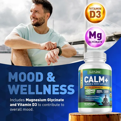 Vista 4 de Built by Nature Calm+ Relajación y Enfoque – Apoyo al estrés, Cortisol y estado de ánimo – Suplemento calmante con L-teanina, Ashwagandha, glicinato