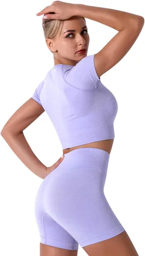 Vista 2 de Conjuntos de 2 piezas sin costuras para yoga y entrenamiento - con ombliguera de manga corta y pantalones cortos de tiro alto para correr