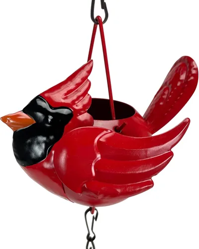 Vista 3 de Cadena de lluvia de metal de 85 pulgadas con 7 pájaros cardenales rojos tridimensionales, acabado marrón rústico, campana pesada en la parte