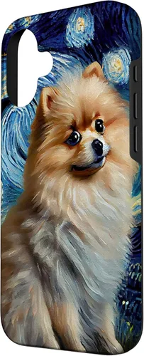 Vista 2 de iPhone 16 Starry Night Famous Painting Style Pomeranian Case
