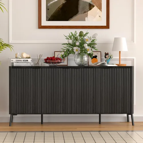 Vista 3 de Armario buffet, aparador grande de 63 pulgadas con almacenamiento, aparador moderno acanalado con 4 puertas, gabinete de almacenamiento de madera