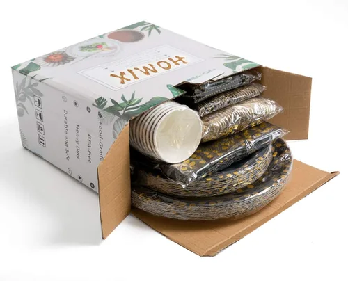 Vista 7 de HOMIX Suministros de fiesta negros y dorados, 175 piezas, platos desechables de papel negro, servilletas, vasos, tenedores de plástico dorado