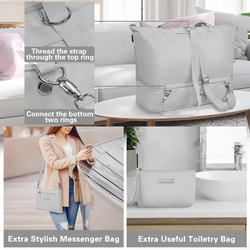Vista 5 de Bolsa de viaje para mujer, Gris, Juego de bolsas de viaje con puerto de carga USB