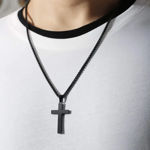 Vista 3 de P. BLAKE Collar con colgante de cruz de acero inoxidable para hombres y niños, colgante de cruz cristiana con cadena de 24 pulgadas