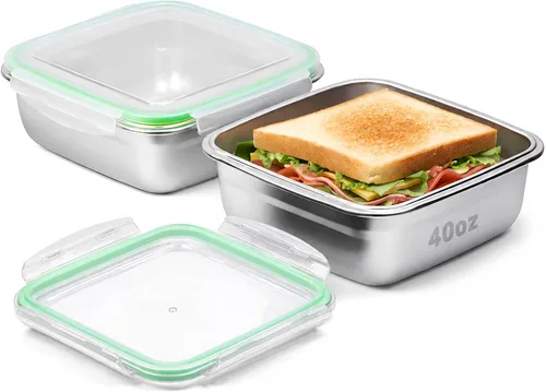 Vista 8 de Paquete de 2 recipientes para sándwich, caja de sándwich de acero inoxidable de 40 onzas con tapas herméticas, cajas de almuerzo reutilizables
