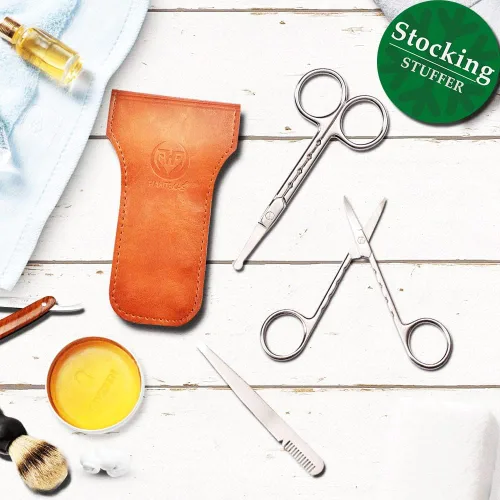 Vista 2 de HANTEKAS Juego de tijeras de pelo facial redondeadas curvadas profesionales de acero inoxidable para hombres, bigote, pelo de nariz, tijeras