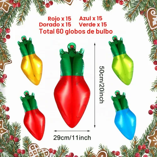 Vista 4 de DBKL 60 globos de Navidad – Globos de aluminio de bombilla de Navidad en rojo, azul, dorado y verde para decoraciones de fiesta de Navidad