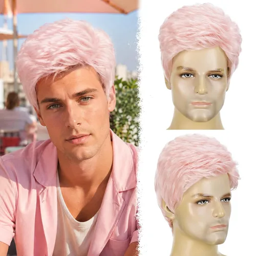 Vista 11 de DDHAIR Peluca rubia para hombre, pelo sintético corto en capas con parte Rubio