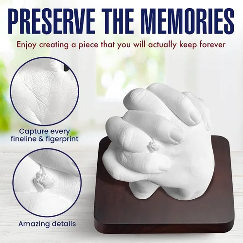 Vista 5 de Kit de Fundición de Manos para Parejas, Kit de Moldeo de Estatua de Yeso DIY, Kit de Molde de Manos DIY con Base de Madera de Caoba, Aniversario