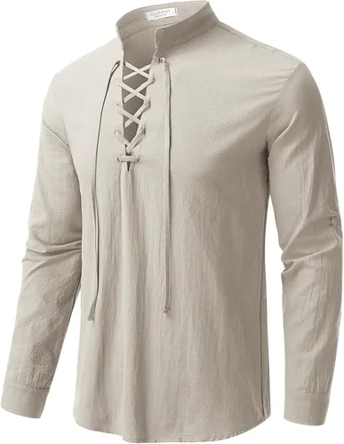 Vista 4 de COOFANDY Camisas de lino y algodón para hombre, disfraz de playa, hippie, renacentista, medieval, manga larga, con cordones